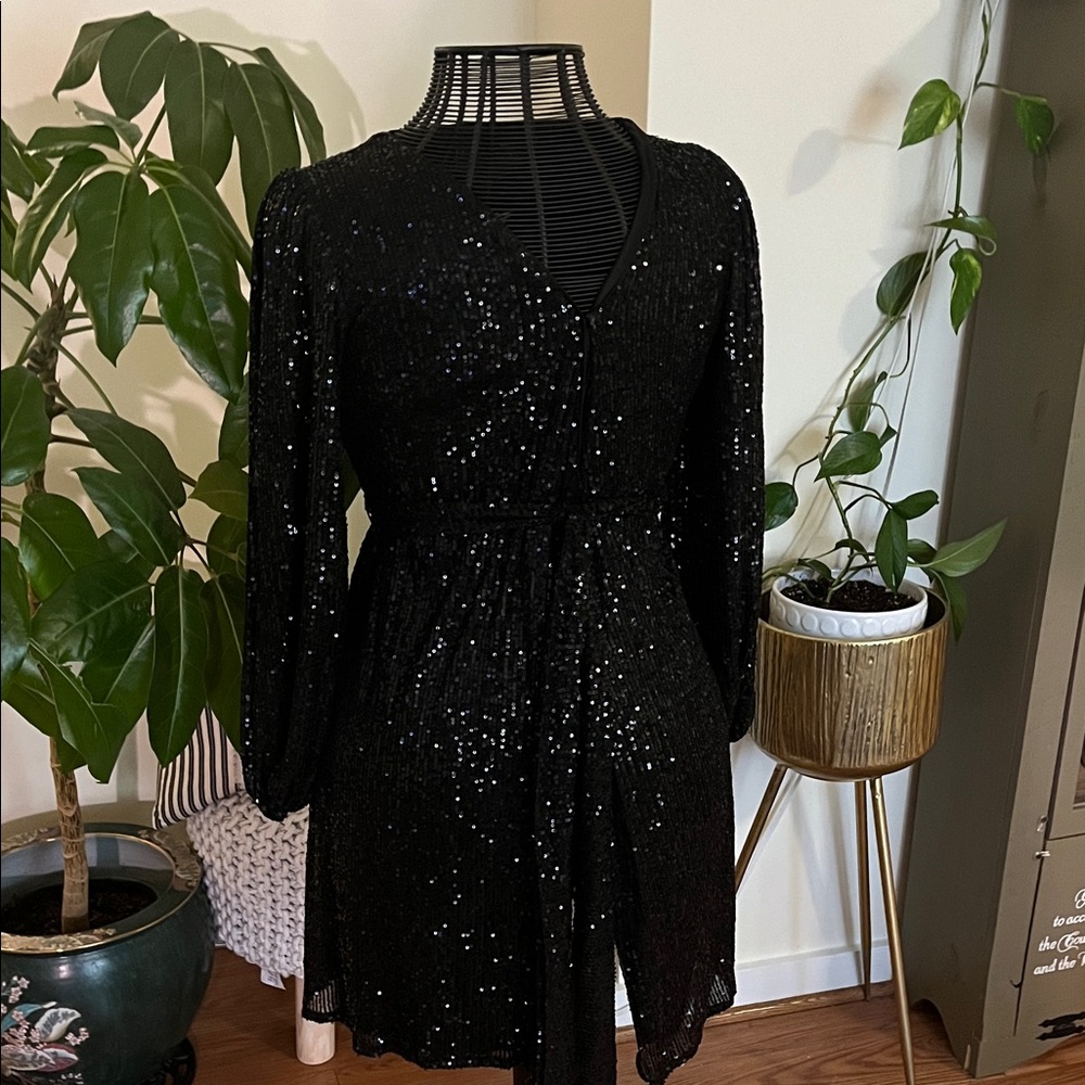 New York & Company Black Sequin Long Sleeve V-Neck Dress